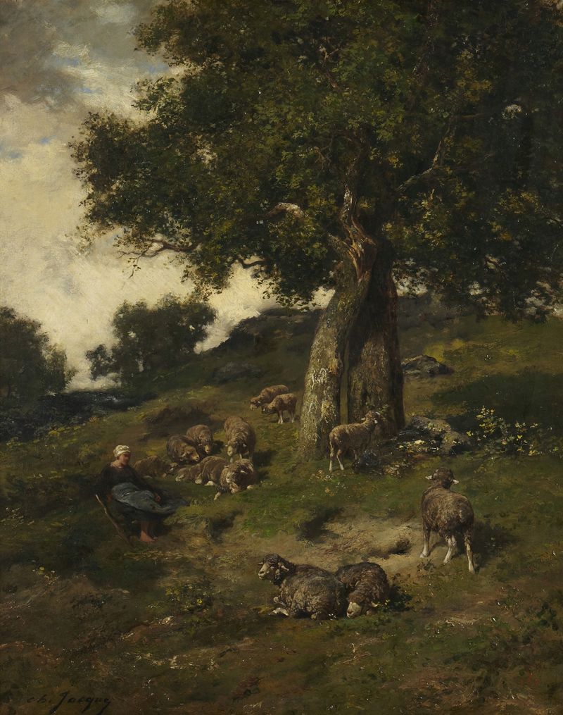 Shepherdess with sheep in a pastoral setting, oil on canvas by Charles Emile Jacque