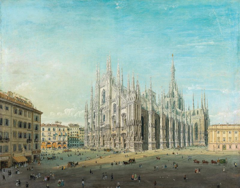 Piazza del Duomo, Milan by Carlo Bossoli, oil painting depicting gothic cathedral architecture.