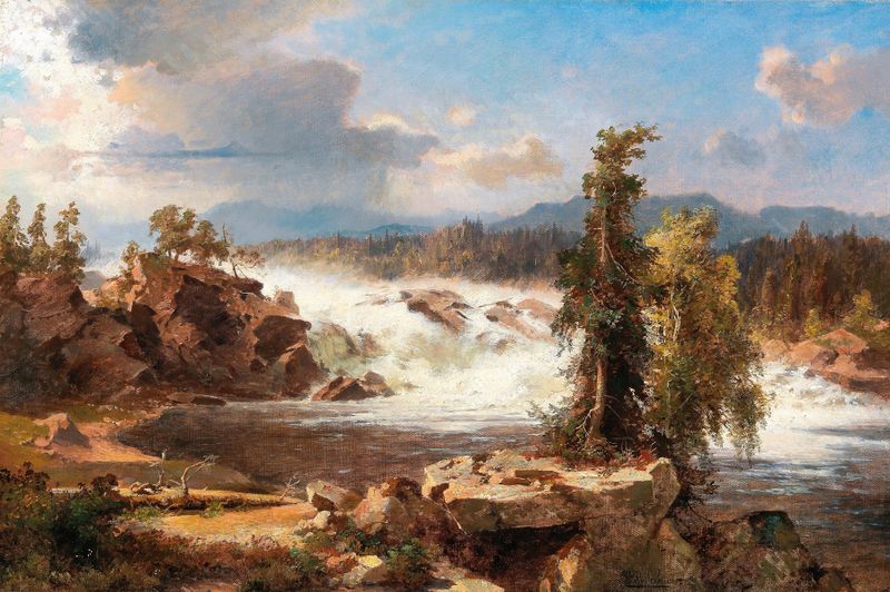 Thundering Waterfall óleo de Franz Richard Unterberger muestra una cascada vibrante sobre rocas.