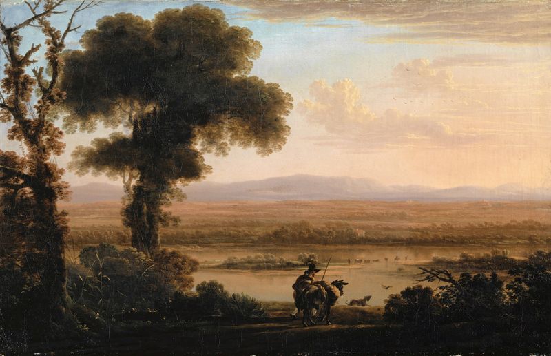 Southern River Landscape by Herman van Swanevelt, oil on canvas showing a tranquil river at twilight.