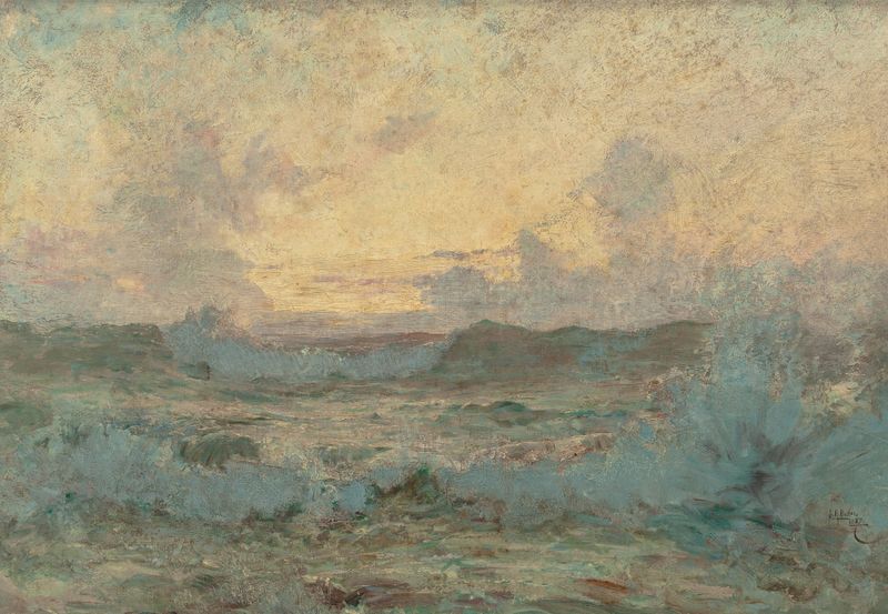 Restless Sea oil painting by Howard Russell Butler depicting tumultuous waves and rugged shore