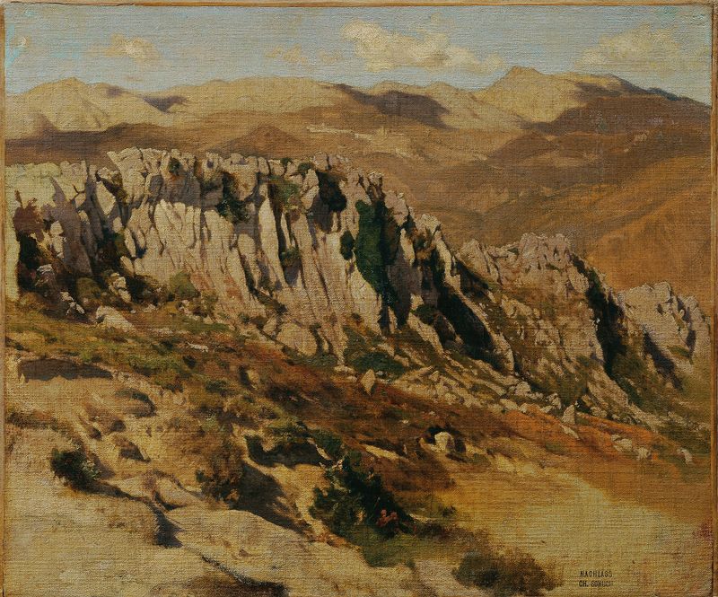 Felsenlandschaft bei Olevano by Carl Schuch, oil painting of rugged rocks and lush landscape.