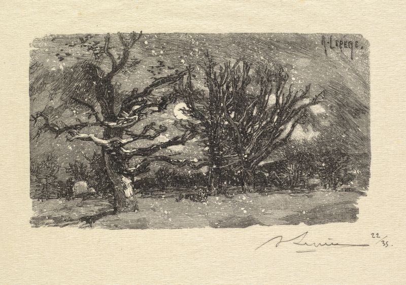 Gravura de Auguste Louis Lepère retratando uma figura adormecida no crepúsculo