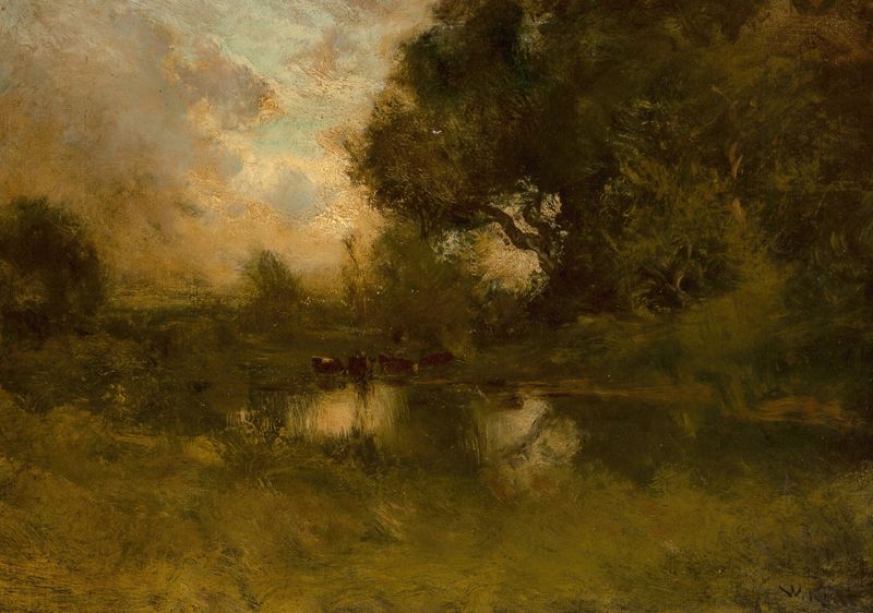 Napa Creek by William Keith, realism, depicting a serene landscape with water and trees.