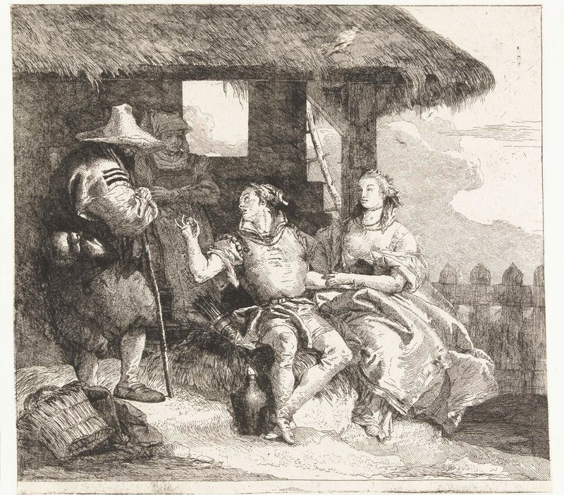 Huwelijk van Medoro en Angelica, etching by Giovanni Domenico Tiepolo, featuring a joyful couple in celebration.