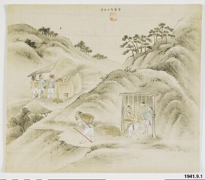Genre scene depicting mining and smelting by Kim Jun-geun, Korean traditional artwork.