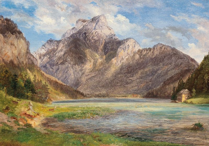 Montaña Lago de Friedrich Loos, pintura al óleo que representa un lago sereno reflejando montañas.