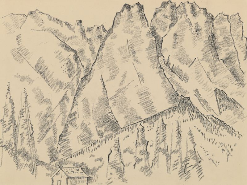 Alpspitze Mittenwald Road de Marsden Hartley, pintura al óleo que representa montañas y un camino bajo un cielo azul.