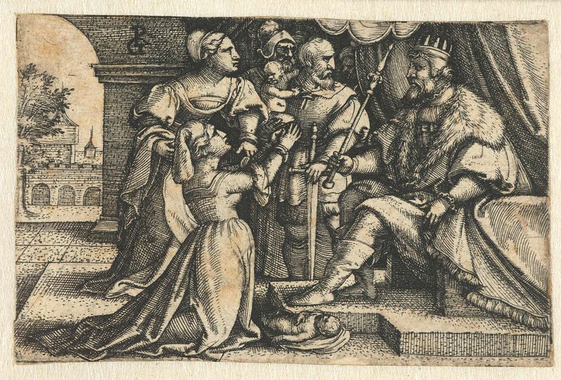 Gravura de Georg Pencz mostrando o Rei Salomão em seu trono com figuras em conflito.