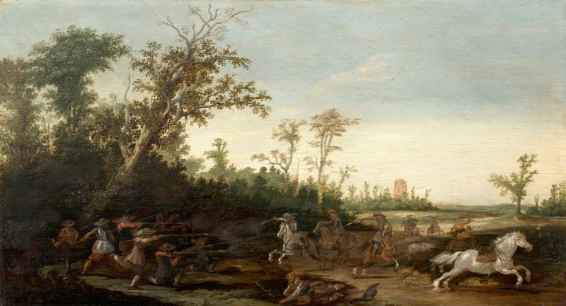 Escena de género con soldados en un enfrentamiento, óleo sobre panel de Esaias van de Velde