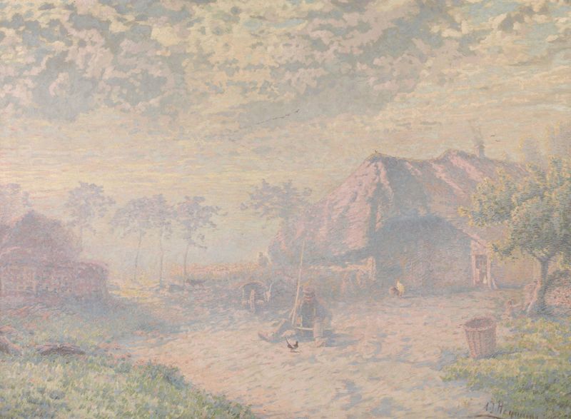 Oil painting by Adrien-Joseph Heymans depicting a dawn landscape with golden light and clouds.