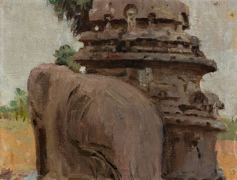 Acuarela de Jan Ciągliński que muestra una pagoda tallada en roca, rodeada de paisaje y luz solar.
