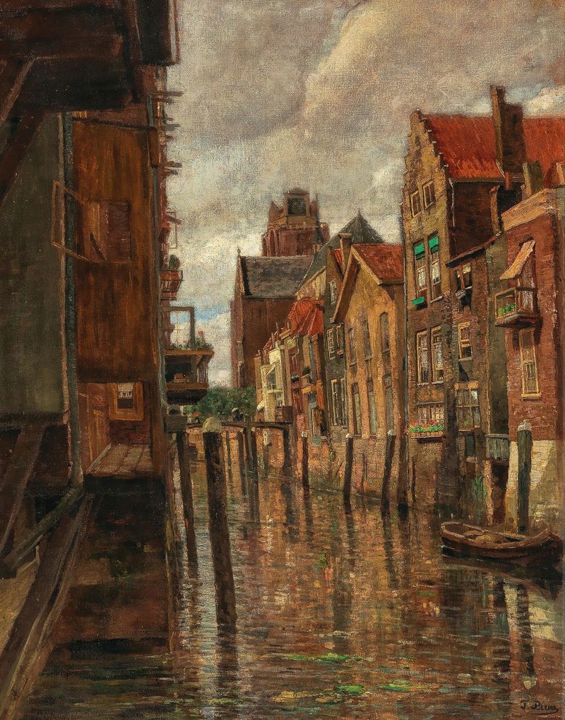 A canal in Dordrecht de Tina Blau, óleo sobre lienzo que representa un canal tranquilo con luz solar y reflejos.
