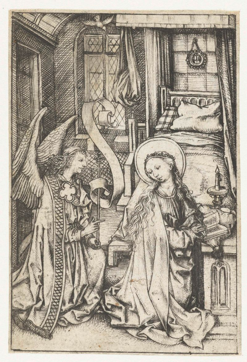 De verkondiging, ponta seca de Meester van het Amsterdamse Kabinet retratando a Anunciação com anjo e luz.