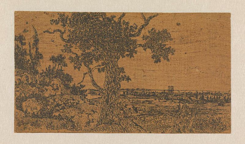 Paisagem com um carvalho e vista distante, gravura de Hercules Segers