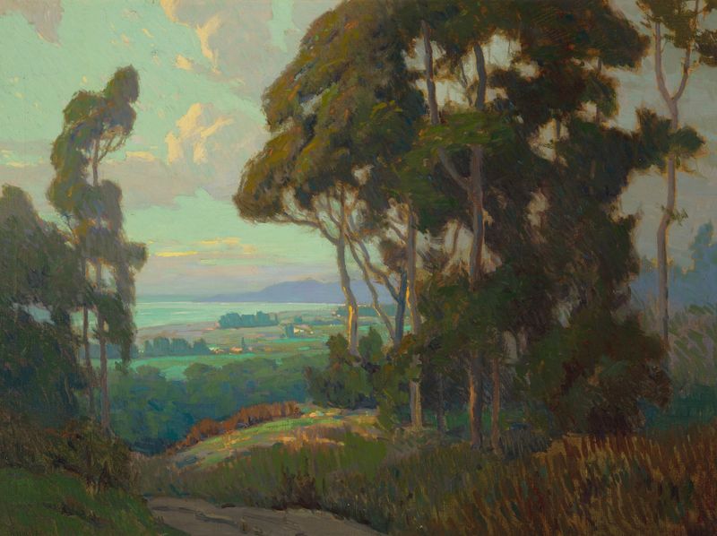 Paisagem com uma estrada sinuosa e luz sobre a folhagem de Elmer Wachtel, pintura a óleo.