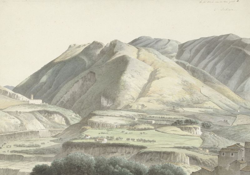 Italiaans landschap bij Subiaco de Josephus Augustus Knip, pintura a óleo que retrata colinas e um rio.