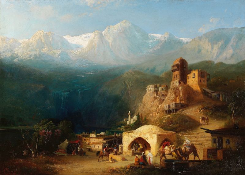 Landscape depicting rugged cliffs and foliage by Paul von Franken, oil painting