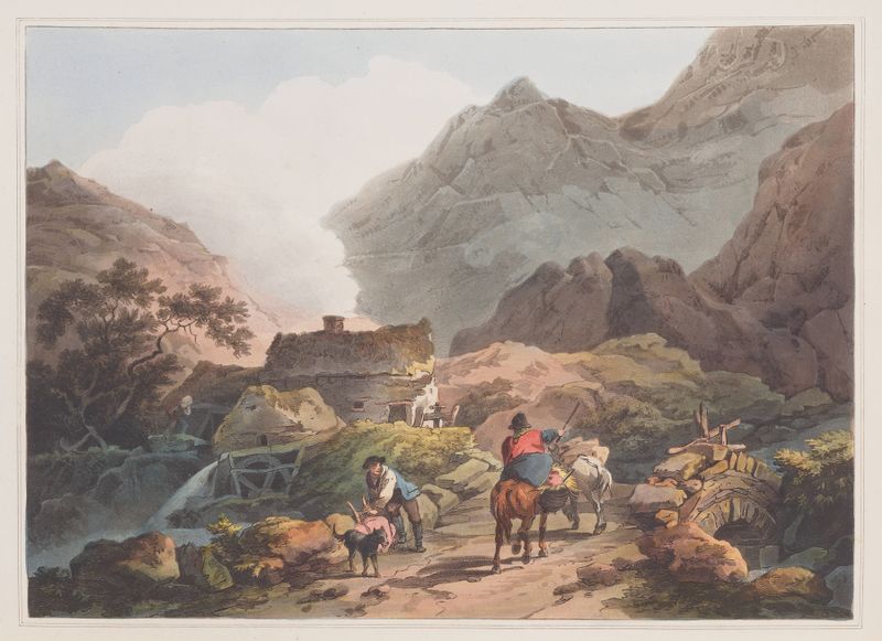 Landscape oil painting by Philip James de Loutherbourg showing a river and hills