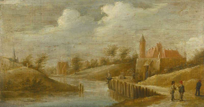 Paisaje con un castillo junto a un río, pintura al óleo de un seguidor de David Teniers el Joven