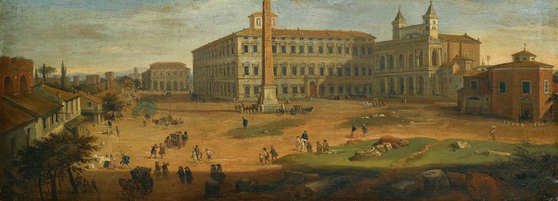 Cena de gênero da Piazza San Giovanni com figuras e carruagens puxadas por cavalos, pintura a óleo de um seguidor de Gaspa...