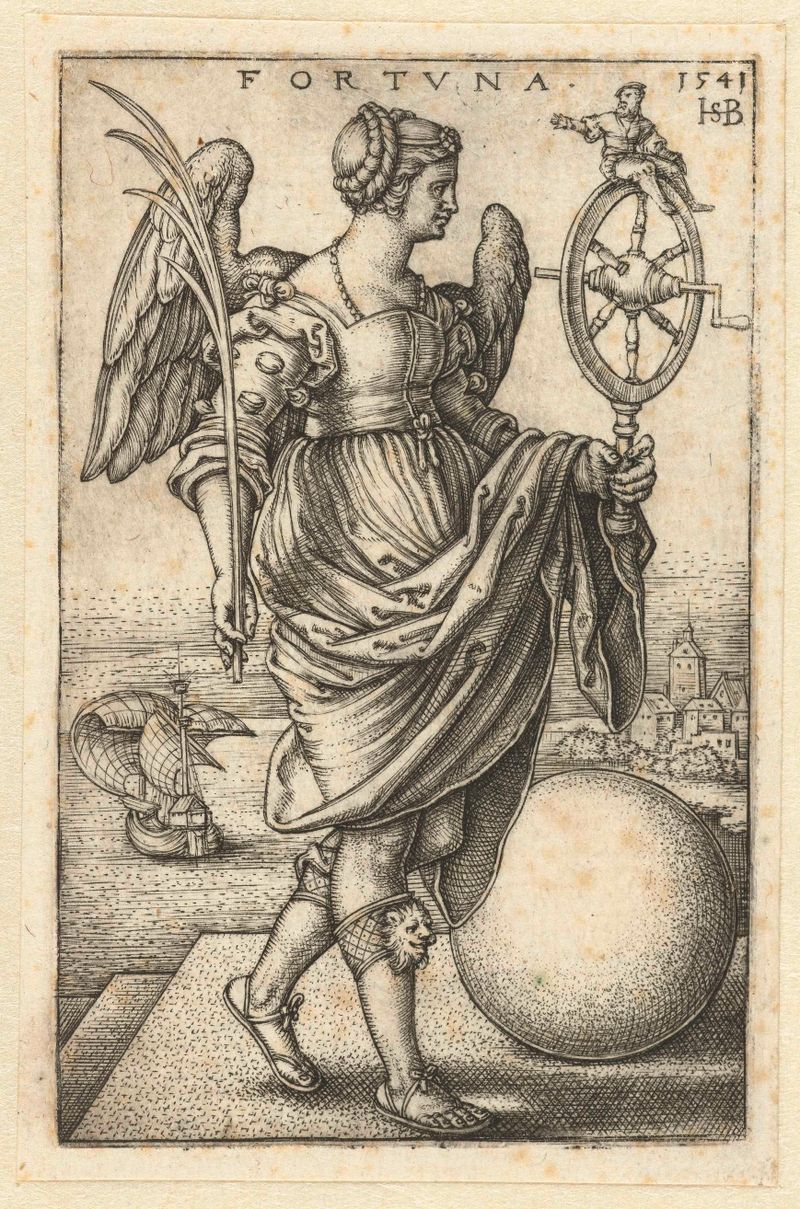 Gravura de Fortuna por Hans Sebald Beham representando uma figura feminina que simboliza o destino.