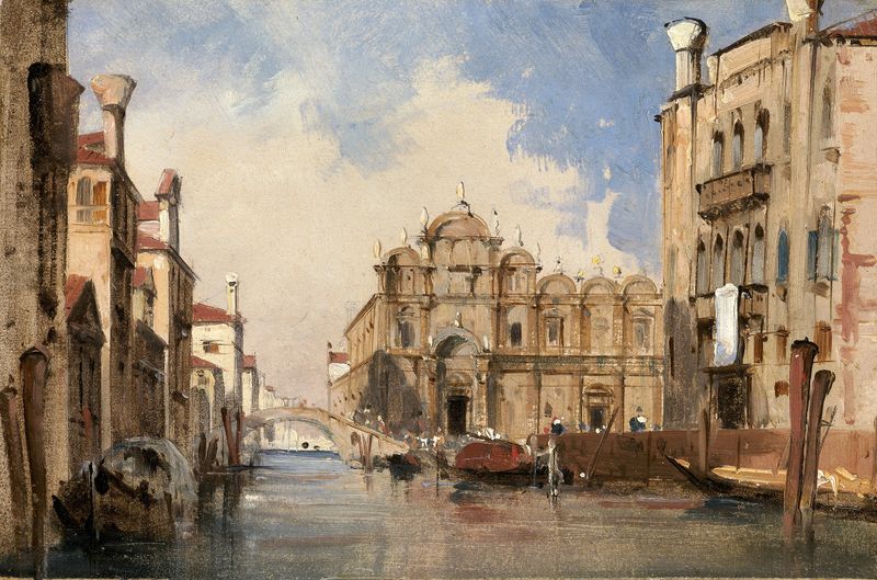 La Scuola di San Marco, óleo sobre lienzo de Jules-Romain Joyant, representa un edificio histórico contra un cielo brillante.