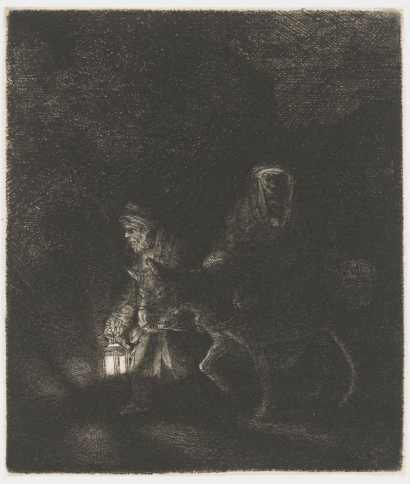 Gravura de Rembrandt van Rijn mostrando José, Maria e o Menino Jesus viajando à noite.