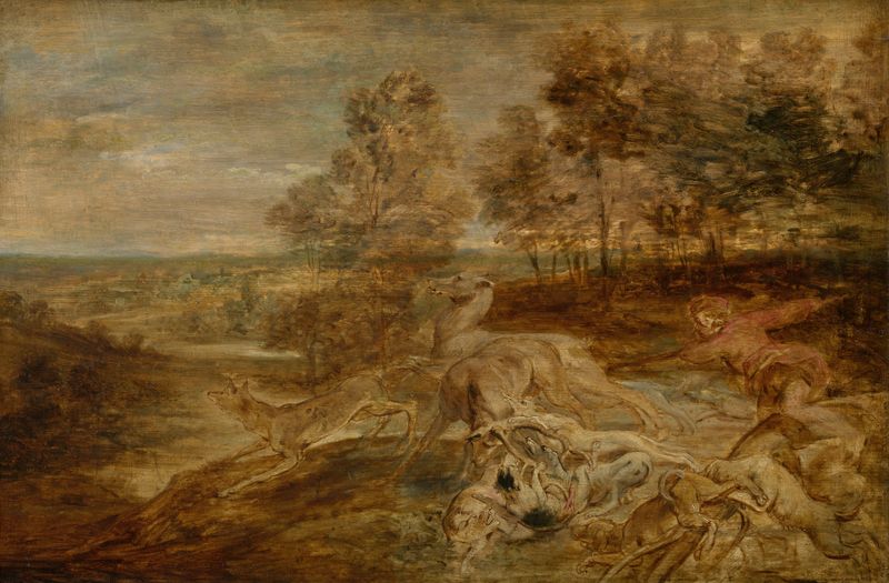 The Deer Hunt by Peter Paul Rubens, oil painting depicting hunters and deer in a forest.