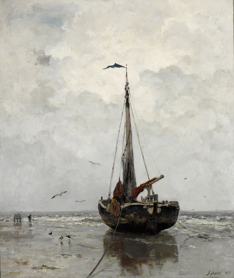 Barco de pesca en aguas serenas, reflejo visible, pintura al óleo de Jacob Maris