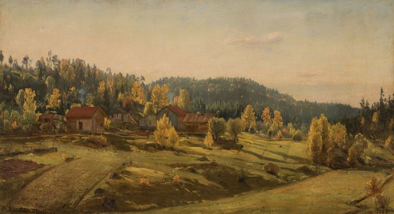 Høst ved Porsgrund de Amaldus Nielsen, óleo sobre tela que retrata uma vibrante paisagem de outono.