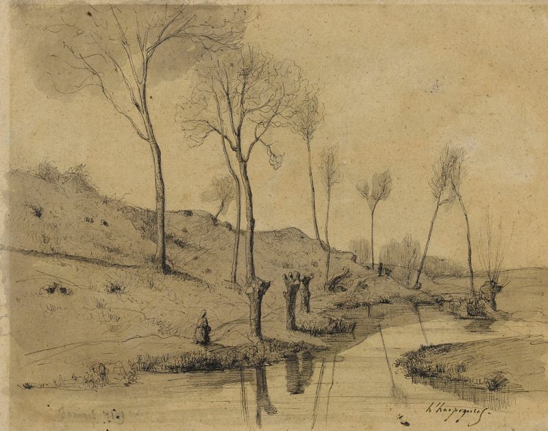 Rivière de Henri-Joseph Harpignies, pintura a óleo que retrata um rio com árvores e reflexos.