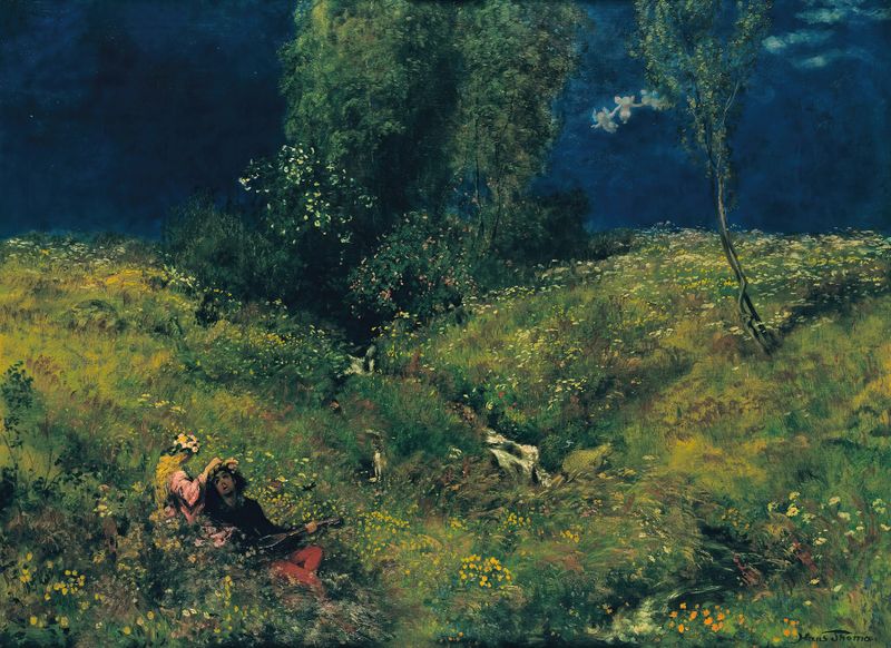Landscape with golden light over fields by Hans Thoma, oil painting