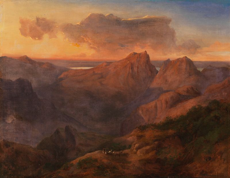 Romanticism landscape by Maximilian Haushofer, depicting a tranquil lake and lush hills.