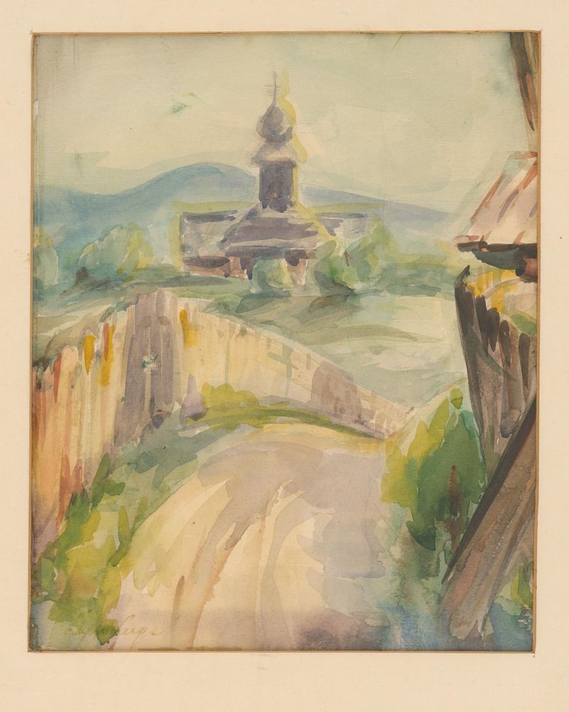 Landscape depicting a village with rolling hills, oil painting by Ľudovít Varga