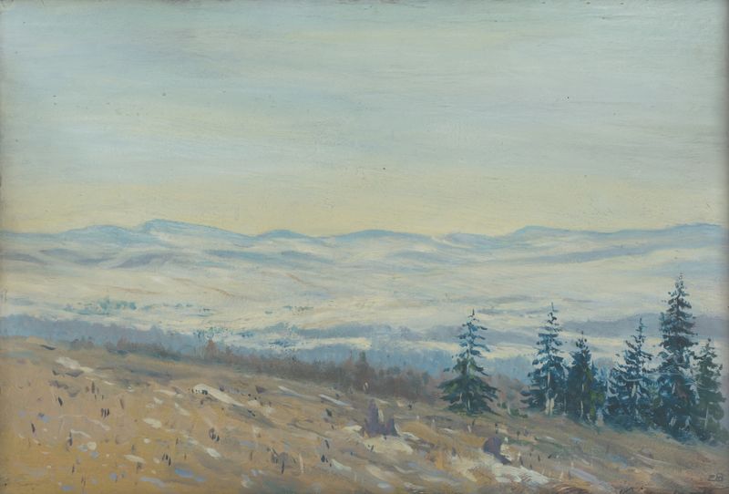High Tatras by Ferdinand Katona, oil on canvas depicting mountains and a tranquil lake