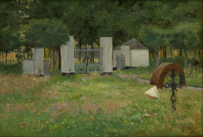 The Old Graveyard in Wondelgem by Armand Heins, realism, depicting gravestones and lush foliage.