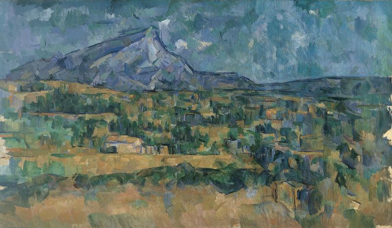 Mont Sainte-Victoire by Paul Cezanne, oil on canvas, depicting a vibrant mountain landscape.