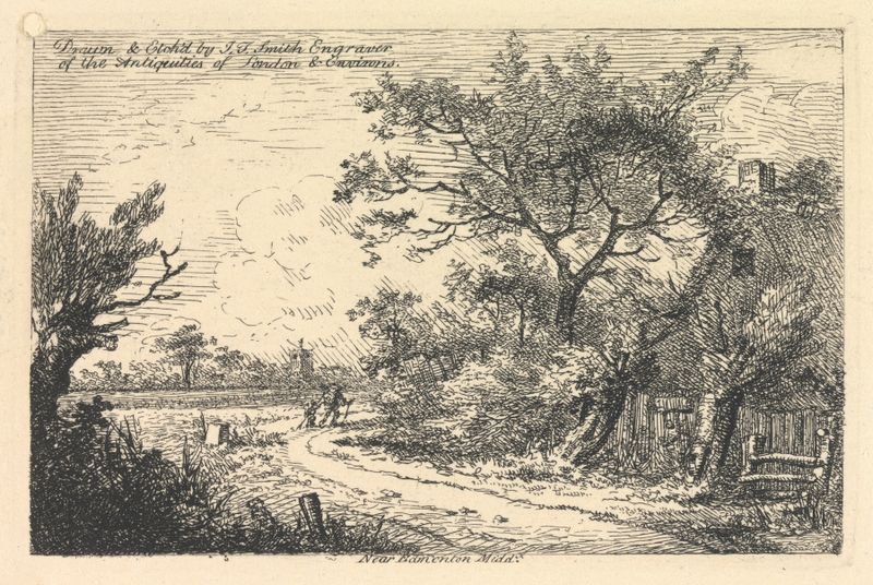 Paisaje de un suburbio con nubes y luz suave, óleo sobre lienzo de John Thomas Smith.