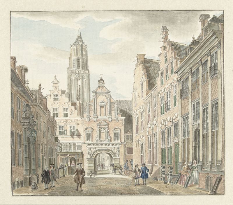 Cena arquitetônica de Nieuwstraat em Utrecht por Johanna de Bruyn, pintura a óleo