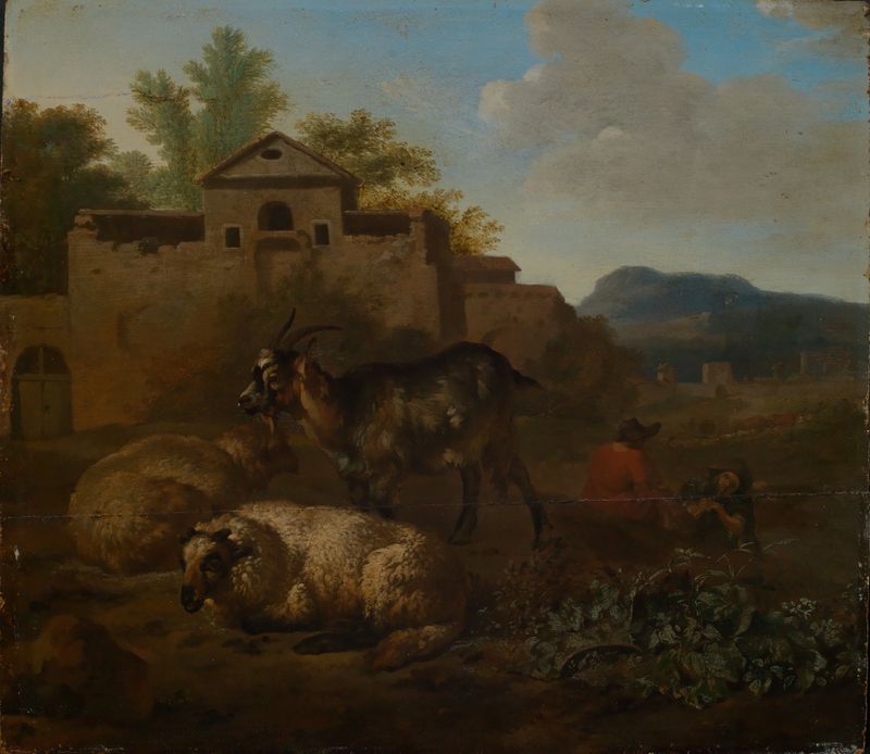 Ziege und Schafe mit musizierenden Hirten in Landschaft, óleo sobre lienzo de Daniel de Bondt