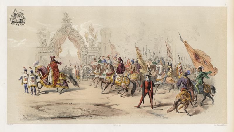 Historical oil painting by Jules Helbig depicting a vibrant procession in Bruges.