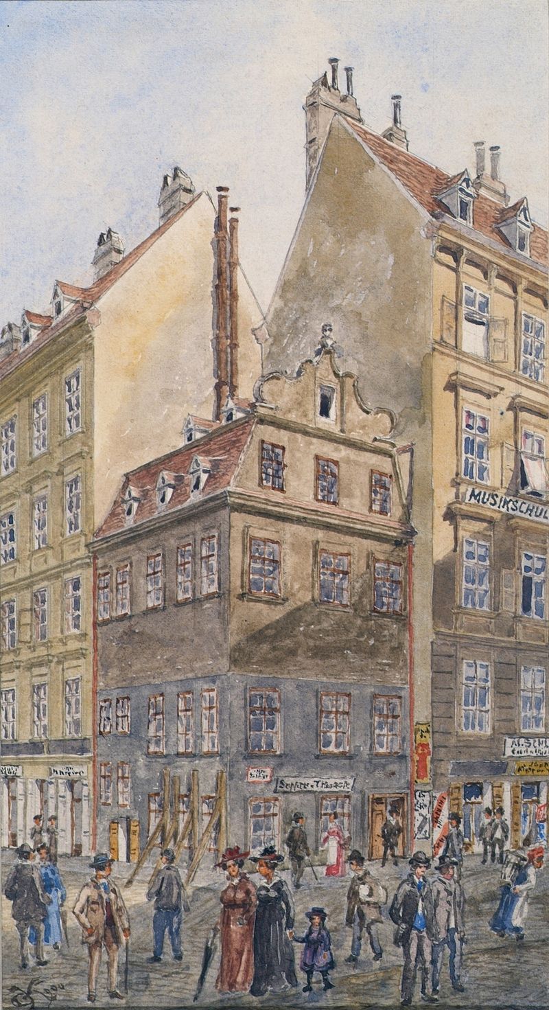 Der Salzgries in Wien by Gustav Korompay, oil on canvas depicting a vibrant cityscape.