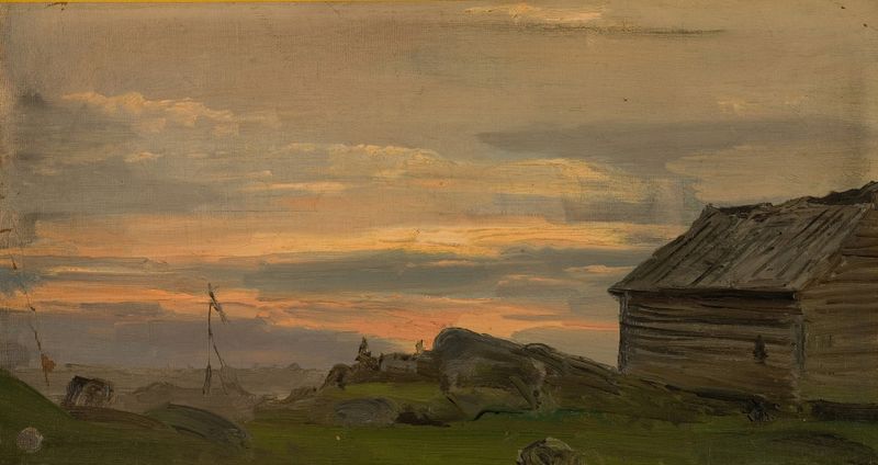 Pintura al óleo de paisaje de Amaldus Nielsen con vegetación exuberante y tranquilidad.