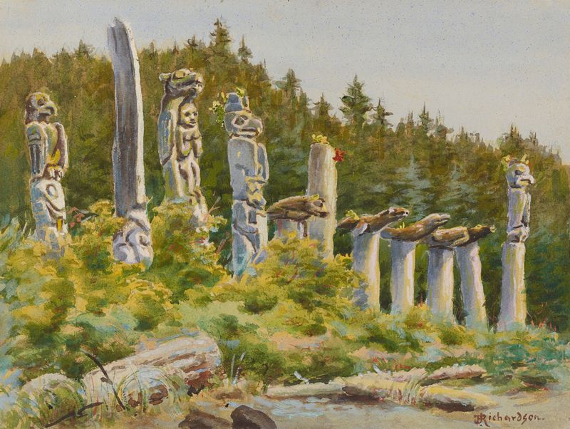Oldest Graves on the Beach, pintura a óleo de Theodore J. Richardson, mostrando lápides à beira-mar.
