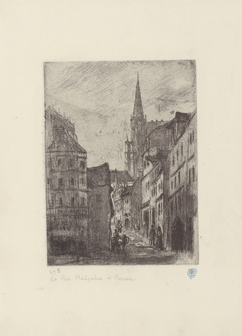 La rue Malpalue de Camille Pissarro, óleo de una calle animada con luz filtrándose entre los árboles.