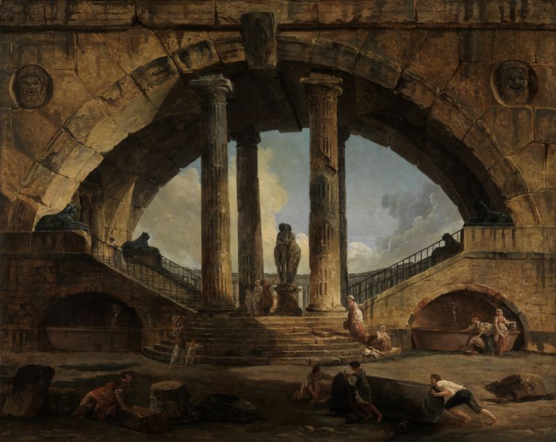 Römische Phantasievedute by Hubert Robert, oil on canvas depicting Roman ruins and greenery.