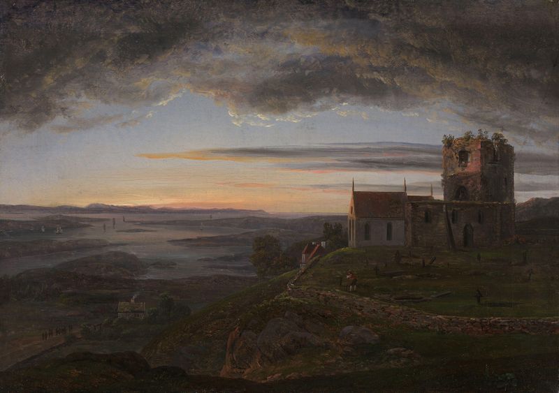 A Igreja Ruinada em Avaldsnes, óleo sobre tela de Johan Christian Dahl, com pedras em ruínas e uma paisagem nostálgica.