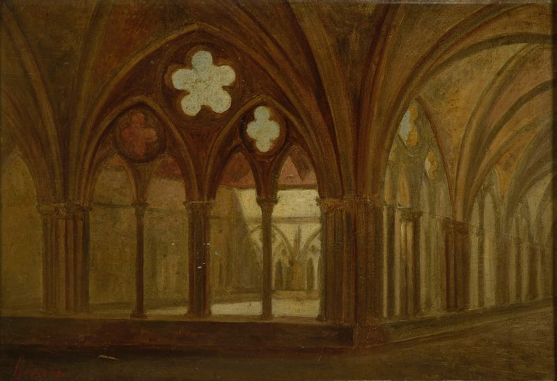 Le Cloître de Saint-Nicaise de François Clovis Hécart-Gaillot, óleo sobre tela que retrata arquitetura de pedra intrincada.