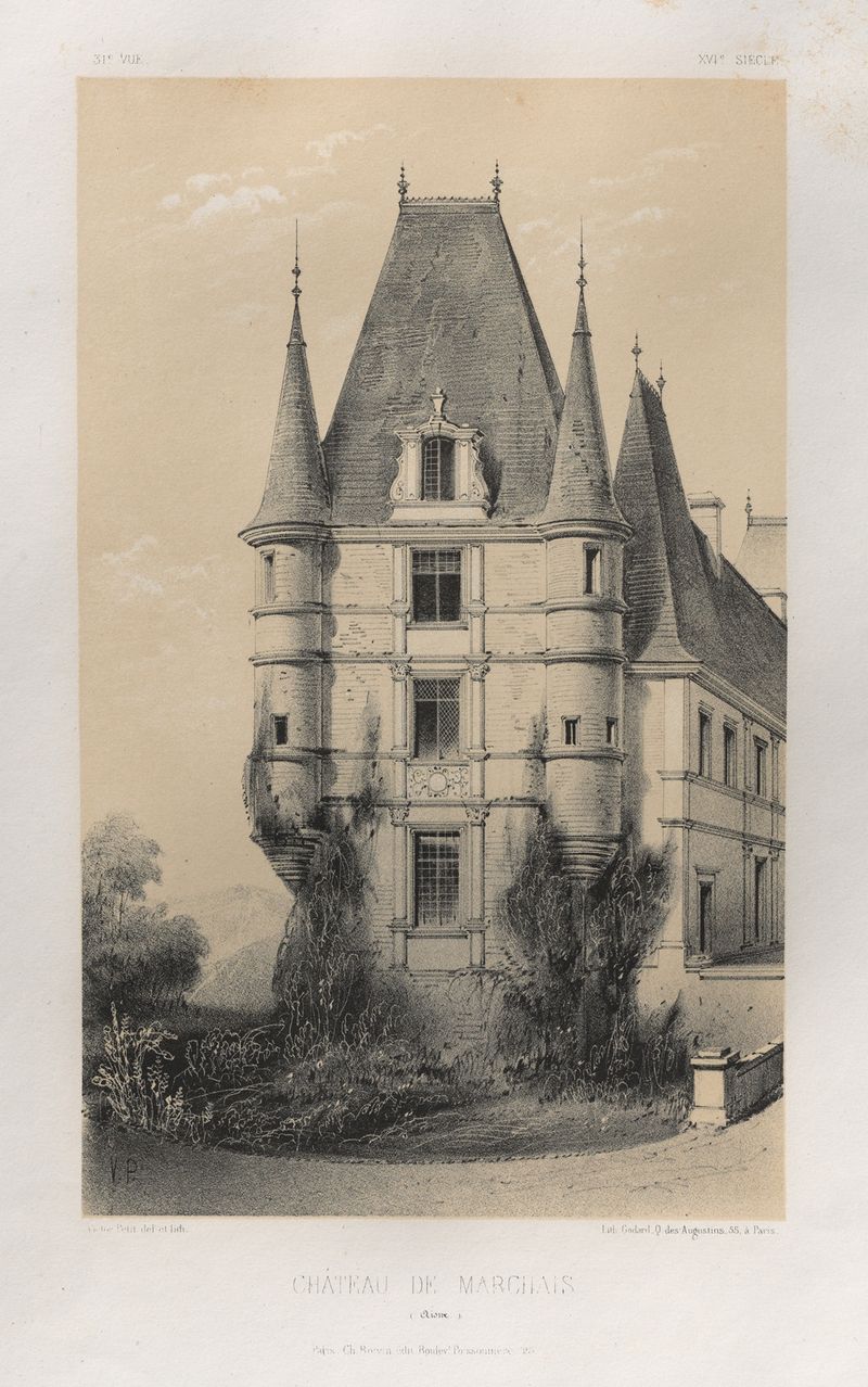 Château De Marchais, pintura a óleo de Victor Petit, apresentando um castelo cercado por folhagem verde e luz suave.